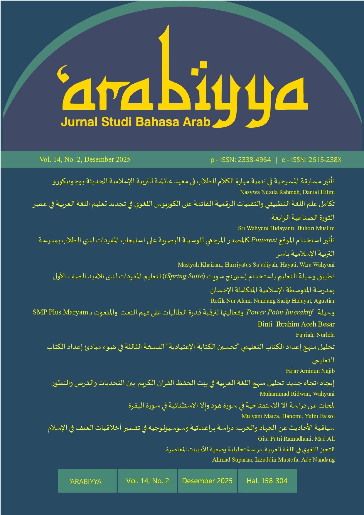 					View Vol. 14 No. 02 (2025): Arabiyya: Jurnal Studi Bahasa Arab
				